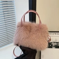 Faux fox fur pink tote bag with soft plush texture and detachable leather shoulder strap - With Leather Strap / Dusty Rose