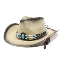 Close-up of straw cowboy hat with ethnic beads and turquoise stone detail - Light Yellow Beige (9#)