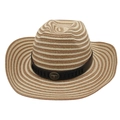British style straw cowboy hat with leather band and metal bull head emblem - One Size Straw Hat (Horizontal Stripe) / Camel Beige with Windproof Rope (Black Small Bull)