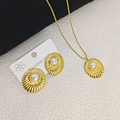 Conjunto de joyas de acero inoxidable dorado con colgante ovalado y perlas finas - Estilo Perla / Oro-Blanco
