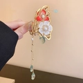 Golden butterfly flower hair claw clip with red and white petals and pearl tassels - No.22 Claw-5#Gold-Red Flower Butterfly Tassel