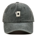 Detail of playing card embroidery on vintage washed dark grey denim baseball cap - Adjustable / Army Green