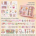 Niedliches Cartoon-Scrapbook-Set mit 4 Aufklebern und 4 Washi-Tapes in der Geschenkbox - Wochenendausflug (4 Aufkleber + 4 Klebebänder)