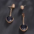 Elegant gold heart earrings set featuring deep blue faceted gemstones and small diamonds - Dark Blue Heart Drop Set / Gold