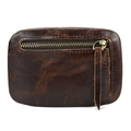 Detail of vintage brown cowhide leather coin purse with stitching and metal zipper - Oil Leather Brown