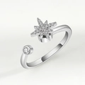 Silver adjustable ring with sparkling starburst and inset clear gemstones - Adjustable Open / White Gold Starburst (AJ068)