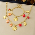 French vintage gold plated necklace and bracelet set with red enamel heart pendants - Necklace and Bracelet 2-Piece Set (N3792 B1834)