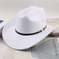 Classic white wool felt western cowboy hat with black belt and golden metal buckle - Long Buckle / White