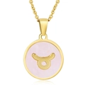 Collier signe du zodiaque Taureau doré avec pendentif rond et finition rose clair - Taureau / Nacre Rose
