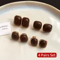 Set of 4 pairs of vintage style caramel brown resin earrings with golden metal borders - 77# Silver Needle - Gold/Brown (8-Piece Set)