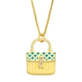 Golden handbag pendant necklace with blue enamel diamond pattern and tiny zircon accents - Blue