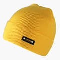 Detail of yellow ribbed knit beanie with black leather SPORT patch and metal rivets - Yellow