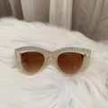 Cat eye oversized sunglasses in champagne crystal finish with sparkling rhinestone inlay - Transparent Tea Frame Double Brown Lens