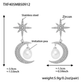 Cubic zirconia star and moon drop earrings with teardrop pearls on stainless steel - Silver Color Star Moon Pearl Earrings (TXF405)