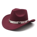 Detailed close-up of dark wine red felt cowboy hat with white studded leather band and conchos - M (56-59cm) / Burgundy