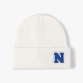White knitted beanie with blue N letter embroidery patch and ribbed warm texture - Cream