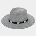 Chic blue and white woven cowboy straw hat with vintage concho leather band - Dark Blue
