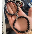 Couples beaded bracelets with matte lava stone, obsidian, and magnetic heart clasp - Glossy Black with Lava Stone Black & White (新款 亮黑/火山石黑白)