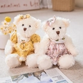 Pair of plush teddy bears in floral dresses with cream curly fur and lace bows - 30cm Pair / Fresh Floral Skirt