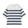 Top casual da donna a righe con scollo rotondo e bottoni decorativi sulla spalla - XS / Top a Righe Bianco e Navy