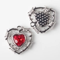 Detailed front and back view of silver heart pendant with red crystal and barbed wire design - Silver Base Red Zirconia