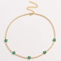 Gold tennis chain necklace with five green zircon flower pendants and adjustable lobster clasp - Green