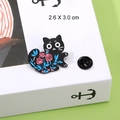 Cartoon black cat enamel pin with pink roses and blue leaves, size 2.6 x 3.0 cm - Style C Black Cat