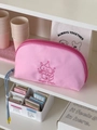 Rosa halbrunde Kosmetiktasche mit Welpen-Stickerei und blauem Tragegriff zur Aufbewahrung - Groß / Rosa