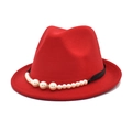 Close-up of a stylish red fedora hat featuring elegant faux pearl and rhinestone trim - M (56-58cm) / Red