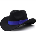 Klassieke zwarte cowboyhoed van wolvilt met levendig blauw zijden lint voor dames en heren - M (56-58 cm) Verstelbaar / Zwart