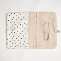 Detail of cotton muslin baby crib organizer bag with polka dot lining and tissue dispenser - Black and White Dots + Solid Color