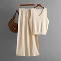 Women's 2-piece knit set featuring a V-neck sleeveless top and high-waist wide-leg pants - One Size / Apricot
