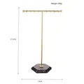 Golden T-shaped jewelry stand with dark marble hexagonal base and size dimensions - Double Row 16 Hooks / Marble Pattern Base Gold