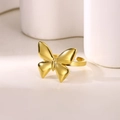 Detail of a polished gold butterfly ring featuring a dimensional bow and open adjustable band - Gold Smooth Butterfly Ring (JZ6759G) / Adjustable Open