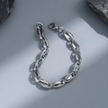 Detail of silver stainless steel chain bracelet with lobster clasp on dark stone blocks - gf72-Matte Metal Chain