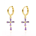 Macro shot of gold-plated 925 silver hoop earrings with purple zircon stone cross pendant - Purple Gold