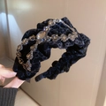 Serre-tête en velours noir orné de cristaux gris en forme de cœur et ovales - 25# Velours Noir Strass Coeur