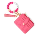Rose pink woven card wallet with silicone beaded wristlet keychain and fringe tassel - Rose Red