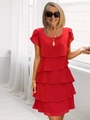 Detail of red tiered ruffle summer dress with short sleeves and a classic crew neck - S / Red