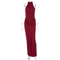 Detail of wine red halter neck dress featuring waist ruching and side high slit design - S / Burgundy
