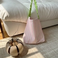 Pink and white striped canvas tote bag with neon green ruched shoulder straps - Pink Striped