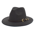 Detail of charcoal wool fedora with brown leather band and gold vintage buckle - M (56-58cm) / Dark Gray