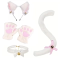 5-piece white plush cat cosplay set with ears, paws, tail, and collar for parties - White Fur with Pink Inner + Choker + Gloves + Tail