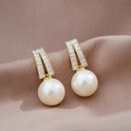 Elegant 925 silver needle drop earrings with gold plating, zircons and round cream pearls - Square Rhinestone Row Round Pearl Dangle Style (A07)