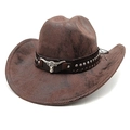 Vintage dark brown western cowboy hat featuring metallic longhorn emblem and studded leather band - M (56-58cm) / Tie-Dye Coffee