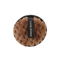 Brown plush facial cleansing sponge with black satin finger strap for makeup removal - 8cm / Coffee