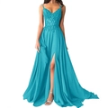 Elegant turquoise evening gown with lace sequins, spaghetti straps and a high side slit - S (US 2) / Lake Blue