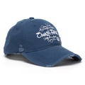 Detailed close-up of distressed navy blue baseball cap with white Omega Force embroidery - Deep Blue (D)
