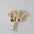 Detail of beige fleece baby mittens with cute bear embroidery and anti-loss string - One Size / Mittens / Khaki