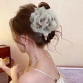 Detailed view of a grey organza rose hair claw with elegant pearl jewelry accents - Grey Hair Claw